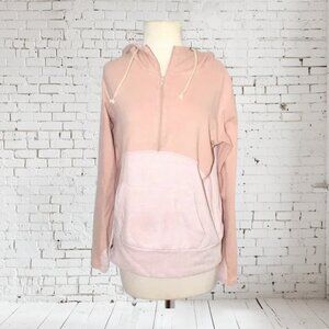 & Half Zip Pullover Double Hoodie with Hobo Mitts Elbow Patches Pink